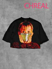 (Double Sided Printing)Yellow Haired Little Boy Printed Fashionable And  Soft And Comfortable Casual T-Shirt, Suitable For Both Men And Women - 黑色 - 查看 1