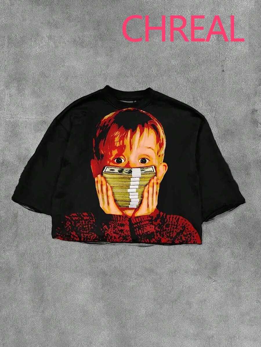 (Double Sided Printing)Yellow Haired Little Boy Printed Fashionable And  Soft And Comfortable Casual T-Shirt, Suitable For Both Men And Women - 黑色 - 查看 1