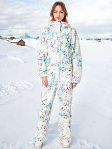 1-częściowy damski kombinezon narciarski w stylu graffiti z kieszeniami na zamek, odpinany kaptur do sportów zimowych, zimowa damska kurtka narciarska outdoorowa, uszczelniony zamek błyskawiczny z konstrukcją zapobiegającą zgubieniu, komplet narciarski z kieszeniami na zamek, zimowy kombinezon narciarski, odzież sportowa odpowiednia do aktywności na świeżym powietrzu, zimowy sprzęt narciarski, wzmocniona konstrukcja, funkcjonalny sprzęt narciarski, wytrzymały sprzęt narciarski, odzież narciarska, damskie stroje narciarskie - Wielokolorowe - Zobacz 4