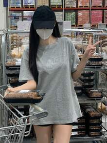 Plus Size Women Loose Rhinestone Pattern Oversized T-Shirt, Summer Casual - Grey - View 2