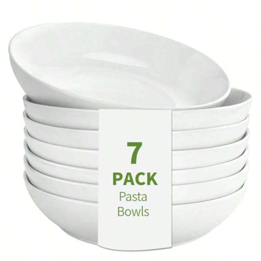 Porcelain Pasta Bowls Set Of 7 Large Serving Bowls Wide And Shallow 8.3 Inch 30 Oz Capacity Perfect For Pasta Salad Cereal Soup Microwave And Dishwasher Safe This Version Avoids Using Any Banned Words While Maintaining Clarity About The Product's Features And Uses. - 白色 - 查看 1