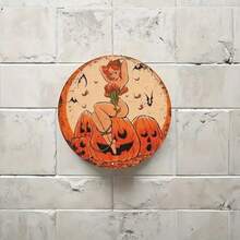 8-Inch Vintage Halloween Metal Decorative Plaque - Witch And Pumpkin Lantern Theme - Multipurpose Holiday Decor For Home, Office, Bar, Man Cave - Retro Style Wall Art, Random Hole Positions