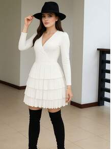 Vestido de flequillo y manga larga  Liso    Elegante  Fiesta    Tela    Envolvente  Flecos    fequillo  Noche de fiesta    otoño - Blanco - Ver 2