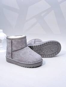 秋冬儿童雪地靴，中帮平底毛绒内衬女童鞋，厚底保暖男童靴，幼儿短靴 - 灰色 - 查看 5