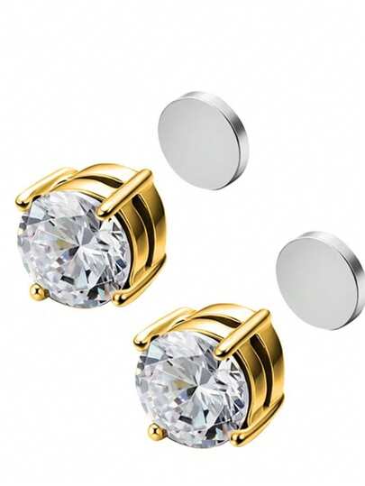 2pcs Titanium Steel Round Stud Earrings, Unisex White Rhinestone Clip-On Earrings, Versatile Stylish Earrings For Daily Wear And Festivals