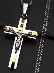 Jesus Cross Crucifix Pendant Necklace For Men Stainless Steel Gold Color Christian Coffee Bean Chain,Father's Day Gift, The Perfect Gift For Family And Friends