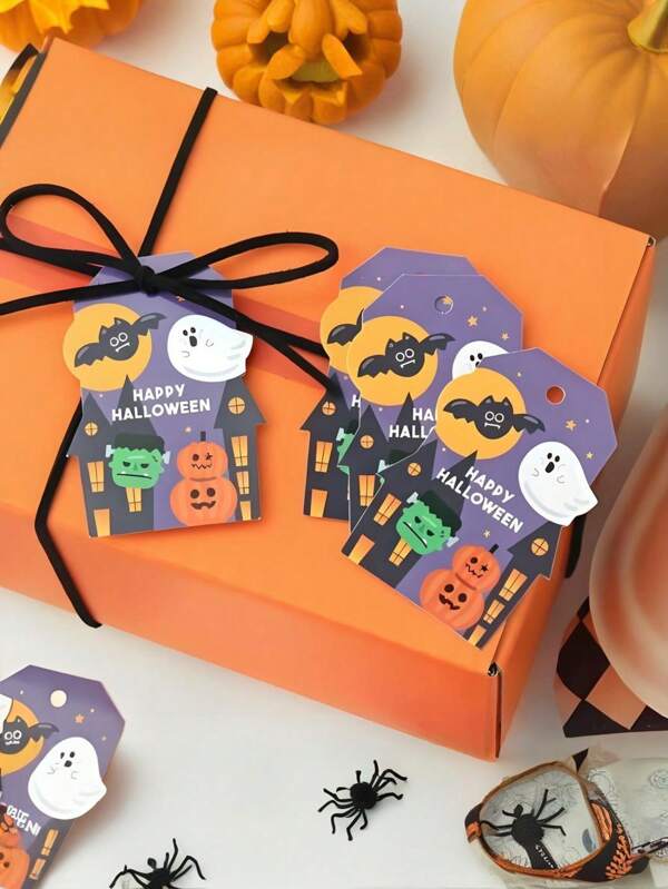 50pcs Halloween Gift Tags - Pumpkin Ghost Bat Monster Haunted House Designs - Trick Or Treat Party Favor Labels For Presents, Goodie Bags, Decorations