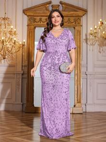 hezixi High Quality Stretchy Elegant Sequin Patchwork Super Fitted Plus Size V-Neck Evening Cocktail Party Wedding Anniversary Family Formal Gala Bridal Shower Birthday Sleeveless Luxurious Classy Mother Of The Bride Dress (Heavy Embellished) - Lilac Purple - View 5