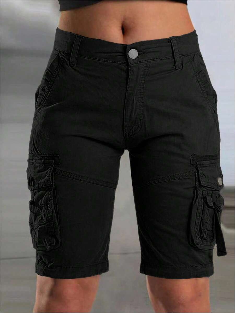 Women's Solid Color Frill Trim Casual Cargo Shorts Black Summer - Black - View 1