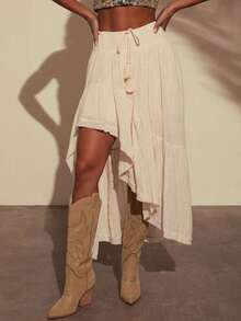 Ladies Summer Linen Loose Elastic Waist Ruffle Hem Asymmetrical Hem Skirt, Casual Boho Western Style, Suitable For Music Festivals, Concerts, Parties, Young Girls Daily, Beach Vacation - Apricot - View 11