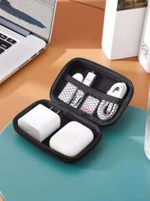 1pc Black EVA Zipper Earphone, Cable, Power Bank, Charger Storage Case - Waterproof, Scratch-Resistant, Portable Carrying Organizer Box For Back To School