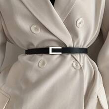 Women's Geometric Buckle PU Thin Belt, Solid Color Fashion Belt, Classic Retro Dress Coat Waist Belt - [銀色] - 查看 1