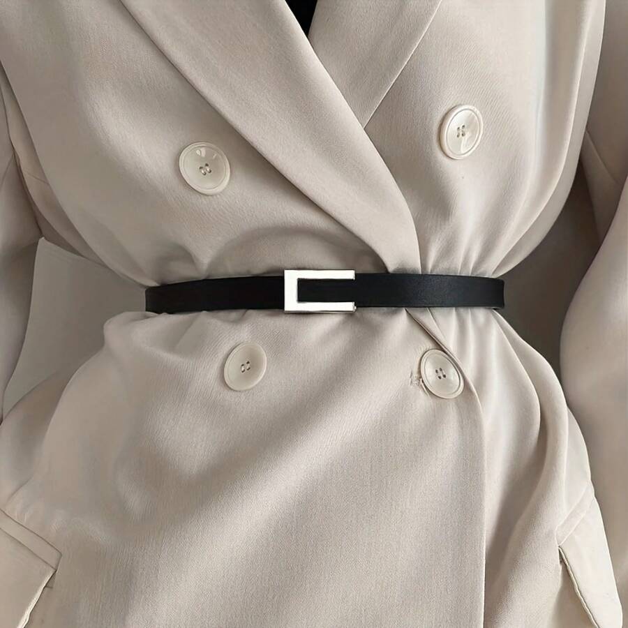 Women's Geometric Buckle PU Thin Belt, Solid Color Fashion Belt, Classic Retro Dress Coat Waist Belt - [銀色] - 查看 1