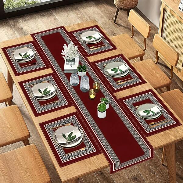 5/7 Pcs Set Modern Geometric Red & Black Greek Pattern Table Runners With Placemats, For Dining Room, Kitchen, Party, Wedding Decoration, Everyday Use