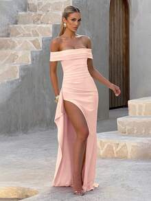 Sexy Off Shoulder Slit Elegant Fitted Long Dress, Super Long Formal Gown For Weddings, Bridesmaid Dress, Christmas Party Dress, Cocktail & Formal Gown - Coral Pink - View 4