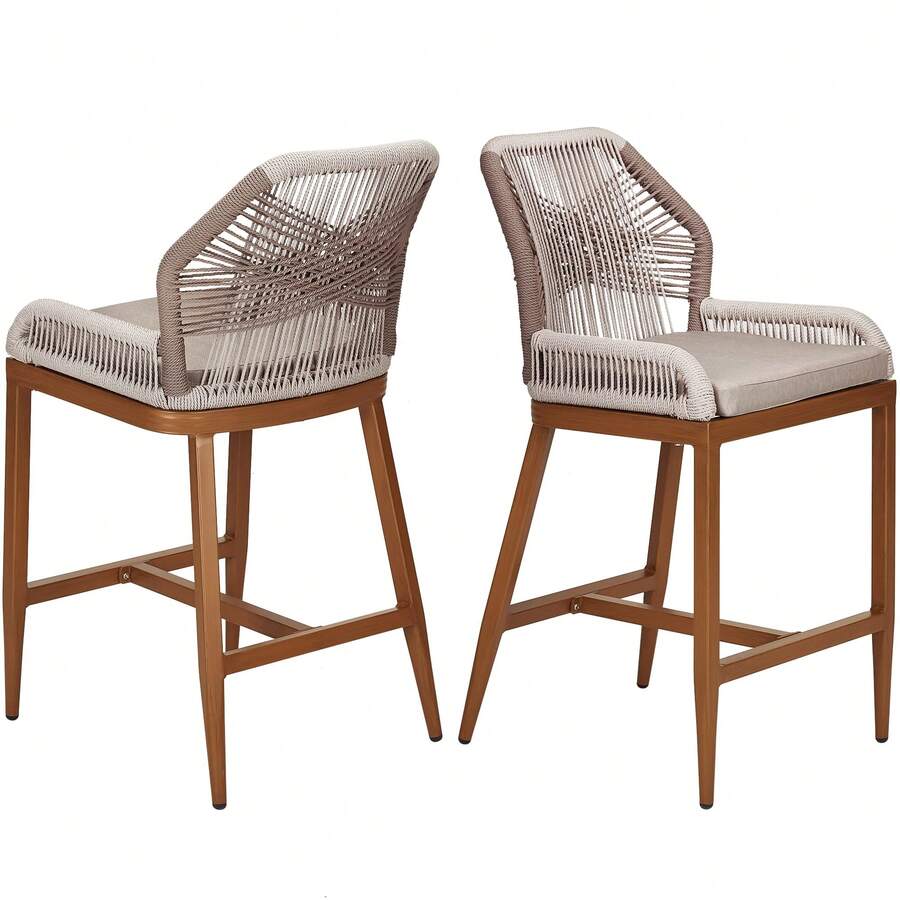 Counter Height Bar Stools Set Of 2, 24.8" H Rattan Bar Stools, Home Back Dining Chair, Modern Patio Bar Stools With Backrest And Arm, Comfortable Simple And Beautiful Counter Chair - 木紋色 - 查看 1
