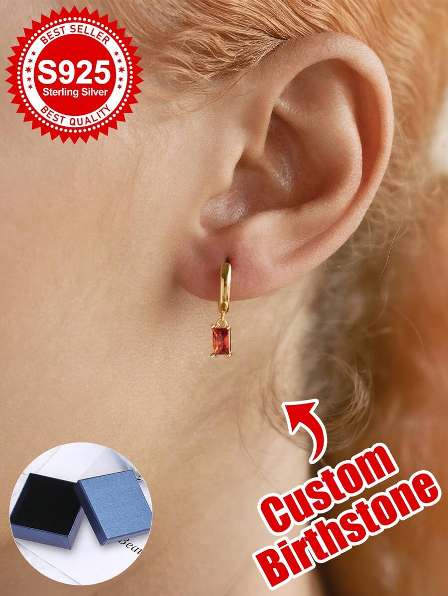 S925 Sterling Silver Custom Birthstone Huggie Hoop Earrings - Personalized Jewelry Gift For Girlfriends, Sisters, Best Friends & Self - Ideal For Birthday, Anniversary, Prom Night, Daily Glamorous Style, Party Occasions & Unforgettable Moments - Multicolor - View 1