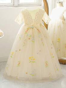 Tween-Mädchen Spitzenkleid mit kurzen Ärmeln, Stickerei und Mesh, elegantes rückenfreies Abendkleid, geeignet für Geburtstagsfeiern und Aufführungen, ohne Haarzubehör - Champagnerfarben - Übersicht 3