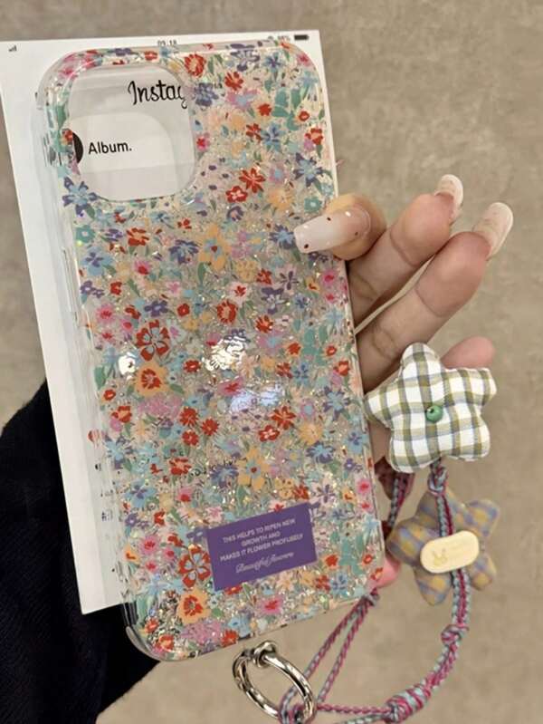 Glitter Retro Colorful Flower Floral Sequin Phone Case Compatible With IPhone 16 15 Pro Max 14 13 12 11 Clear Summer Blingbling Cover With Y2K Star Bracelet ﻿