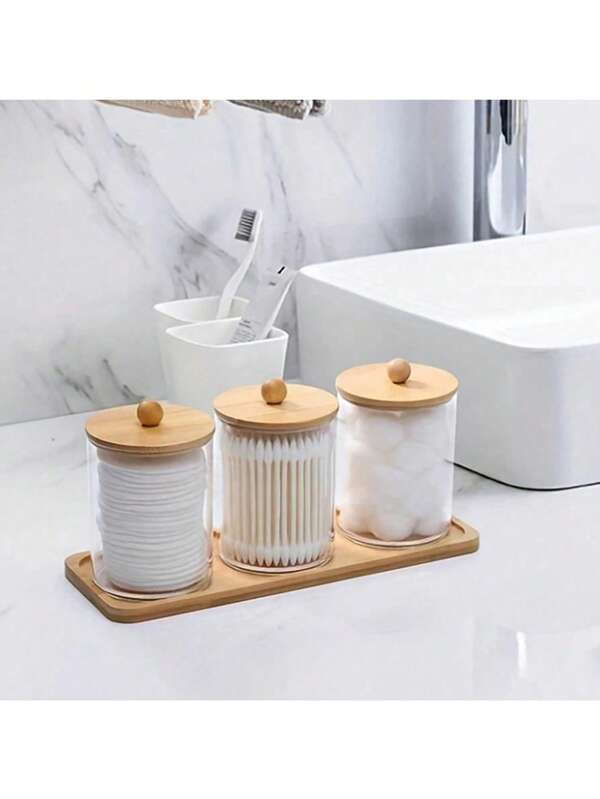 3 Clear Plastic Round Cotton Swab Storage Box Set With Tray Modern Portable Desktop Storage Box With Bamboo Lid Dispenser For Cotton Swabs, Round Cosmetic Pads, Dental Floss, Etc. Clear Plastic Storage Set For Bathroom/Kitchen Storage