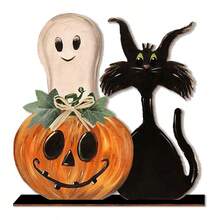 万圣节装饰室内万圣节木质标牌万圣节装饰南瓜鬼魂装饰桌标万圣节分层托盘装饰乡村农舍家居客厅装饰 - 彩色 - 查看 5