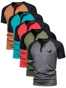 5pcs Men's Summer New Short Sleeve T-Shirt, Raglan Sleeve Printed, Multi-Color Available For Travel,Holiday,Outdoor,Undershirt