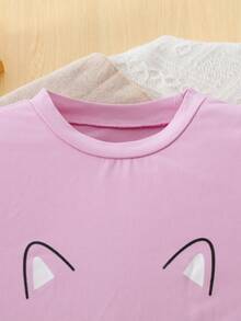 2 件套女童休闲可爱卡通猫咪印花圆领长袖上衣和随机全身印花长裤套装 - 紫色 - 查看 3