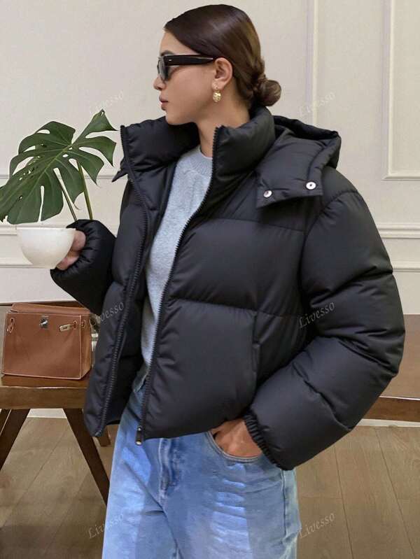 Livesso Women's Solid Color Zipper Collar Long Sleeve Hooded Casual Winter Jacket