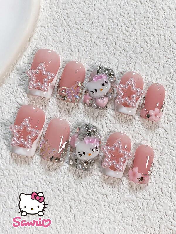 Sanrio 10 قطعة من الرقع المربعة القصيرة للأظافر بنمط فرنسي أبيض، مع رسومات كيوت لهالو كيتي ثلاثية الأبعاد بزهور وقلوب وأشكال نجمية وفراشات وردية، مجموعة أظافر قابلة للارتداء مناسبة للاستخدام اليومي والحفلات (مع قطعة من الغراء الجيلي وشريط الفرك) لوازم الأظافر
