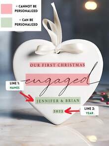 Decor ceramic personalizat în formă de inimă. Cadou de decor de sărbători, decor ceramic de Crăciun pentru logodnă, decor de logodnă, decor pentru cuplu, suvenir personalizat pentru primul Crăciun de logodnă, locuință, decorați-vă casa, suvenir, reutilizabil, drăguț, calitate înaltă. - Ornament ceramic în formă de inimă - Vizualizare 4