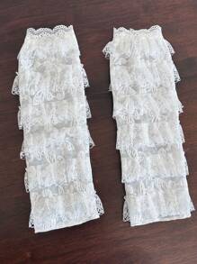 1 Paar Damen Frühling/Sommer Y2K Stil unifarbene, süße Studentenlolita-Prinzessin-Spitzenbesatz Mesh Beinwärmer