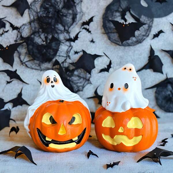 1pc Winter Retro Polyresin Halloween Pumpkin Statuette Decor - Polyresin Decor With Adorable Ghost On Pumpkin, No Electricity, No Feather, Multiple Poses, Suitable For Indoor/Outdoor Home Decor, Great For Christmas, Halloween, Thanksgiving, Resin Pumpkin Ghost Figurine