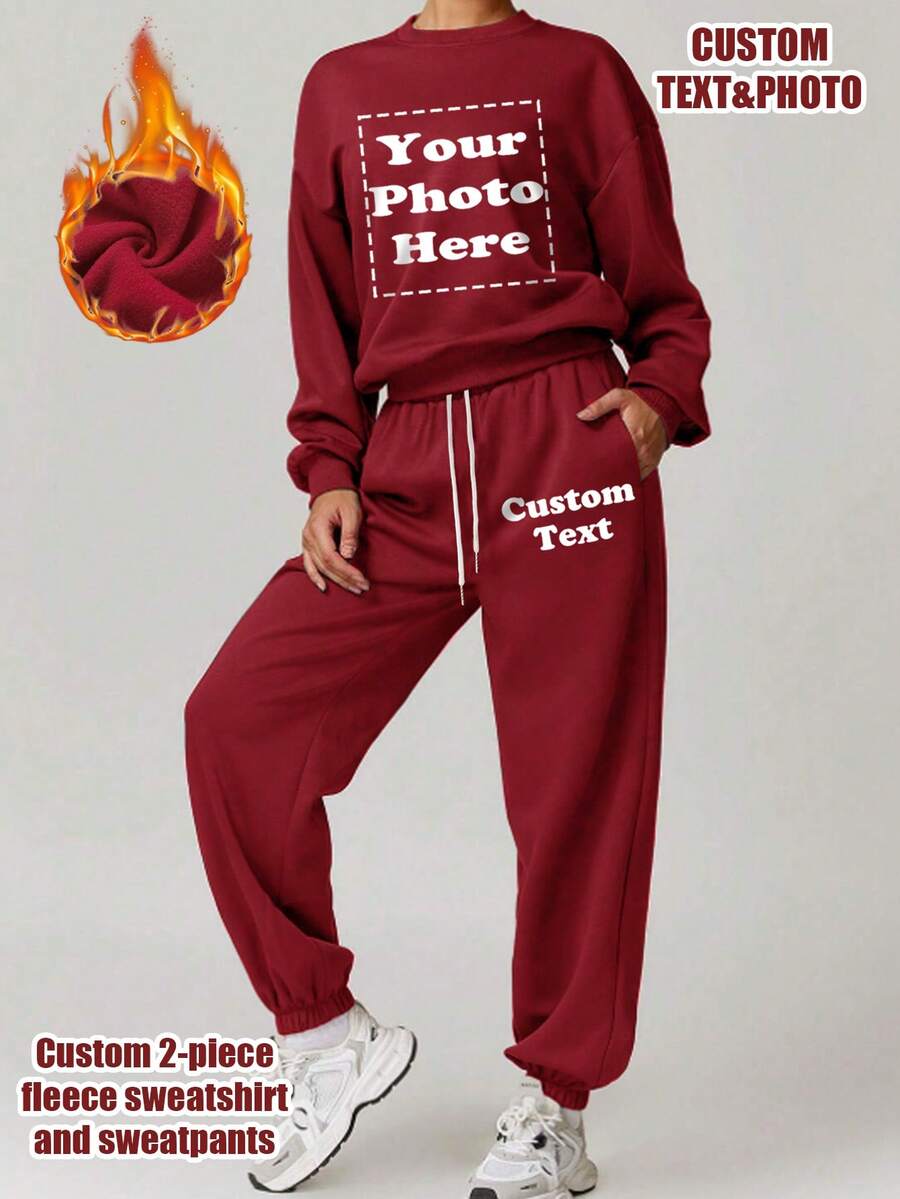 Design Custom Personalized 2 Pieces Suits, Custom Plush 2 Pieces Suits, Add Text And Photos (Patterns/Logos/Family Photos/Selfies/Pets, Etc.), Custom Autumn And Winter Thickened Sweatshirts And Sweatpants, Personalized Women's Sweatshirts And Sweatpants Two Pieces Suits, Custom Sweatshirts, Custom Logo Business/Wedding Gifts/Party Clothes/Birthday Gifts/Halloween - Burgundy - View 1