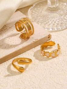 3pcs Set Stainless Steel Fashionable Geometric Heart-Shaped Open Ring, Suitable For Women's Daily Wear - Multicolor - View 4