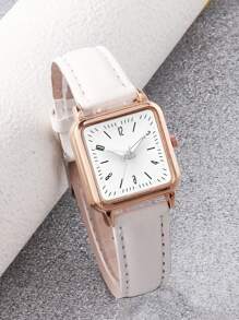 6pcs/Set Mini Square Watch With PU Leather Strap & Beaded Heart Jewelry Set (Bracelet, Necklace, Earrings, Ring, Bracelet), Suitable For Daily Wear, Back To School Gift For Friends