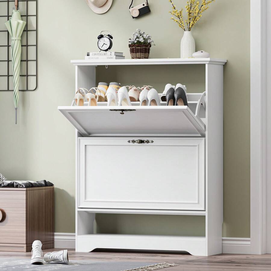 Shoe Cabinet For Entryway, Slim Shoe Storage Cabinet With Adjustable Shelves, Wooden Rack And Organizer For Small Spaces, Closet, Hallway - White - View 1