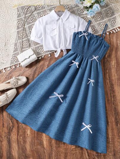 Left Mama Blusa de manga corta elegante y minimalista con vestido de camisola y corbata de moño para niñas, verano