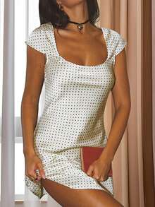 Women Mini Dress Elegant Short Sleeve U Neck Dots Print Summer Dress For Club Party - 白色 - 查看 4