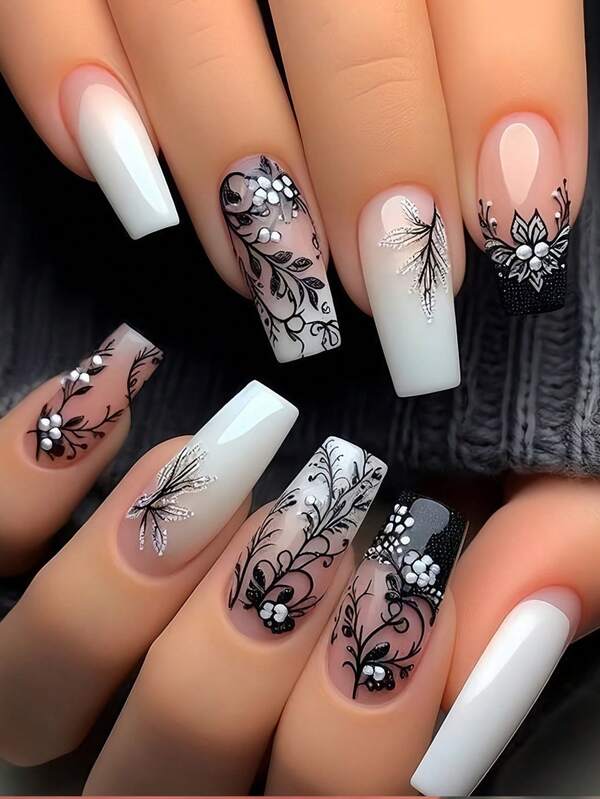 24 pièces Faux ongles de forme cercueil de longueur moyenne avec motif noir et feuilles, design de vernis brillant. Style rétro et élégant. Faux ongles, kit d'art des ongles, ongles couvrants complets, convient pour une utilisation quotidienne, fournitures pour ongles