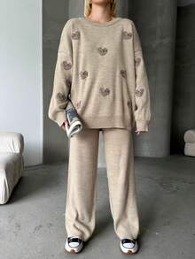 Women Casual Heart Pattern Round Neck Long Sleeve Pullover Top And Long Pants Set, Embroidery Design - Coffee Brown - View 2