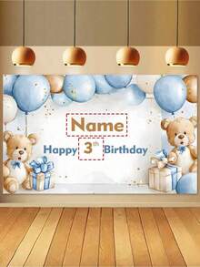 1 szt. personalizowany baner urodzinowy z imieniem, urocze tło do zdjęć z motywem niebieskiej kurtyny w kształcie misia, spersonalizowana dekoracja na prysznic, odpowiednia na spotkania rodzinne, wesele, urodziny