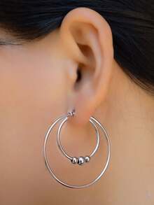 2-częściowe kolczyki ze stali nierdzewnej z przesadnymi okrągłymi koralikami, damskie i męskie, gładkie wzornictwo, zabytkowe podwójne pierścienie, spersonalizowana biżuteria