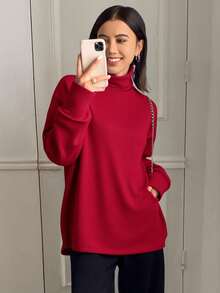 Livesso Áo thun nữ tay dài cổ cao dáng rộng màu trơn, thường ngày, thời trang xuân/thu, thu - Màu Đỏ Sâu - Xem 2