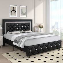 Twin/ Full/ Queen/ King Size Bed Frame, Upholstered Bed Frame With Diamond Headboard And Footboard, Pearl White/ Beige/ Black/ Grey/ Pink/ Purple/ Green - màu đen - Xem 11