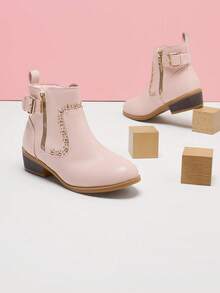 Girls Mid Calf Riding Combat Boots Zip Ankle Boots - Pink - View 3