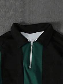男士休闲条纹 Polo 衫，撞色套头衫，适合夏季，学院风上衣 - 墨綠色 - 查看 5
