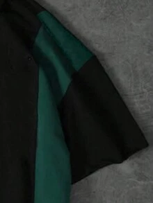 男士休闲条纹 Polo 衫，撞色套头衫，适合夏季，学院风上衣 - 墨綠色 - 查看 2