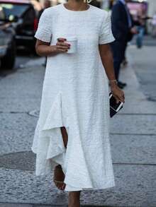 Plus Size Women's Knitted Bubble Wrinkle Irregular Fishtail Hem Short Sleeve Dress - 白色 - 查看 1
