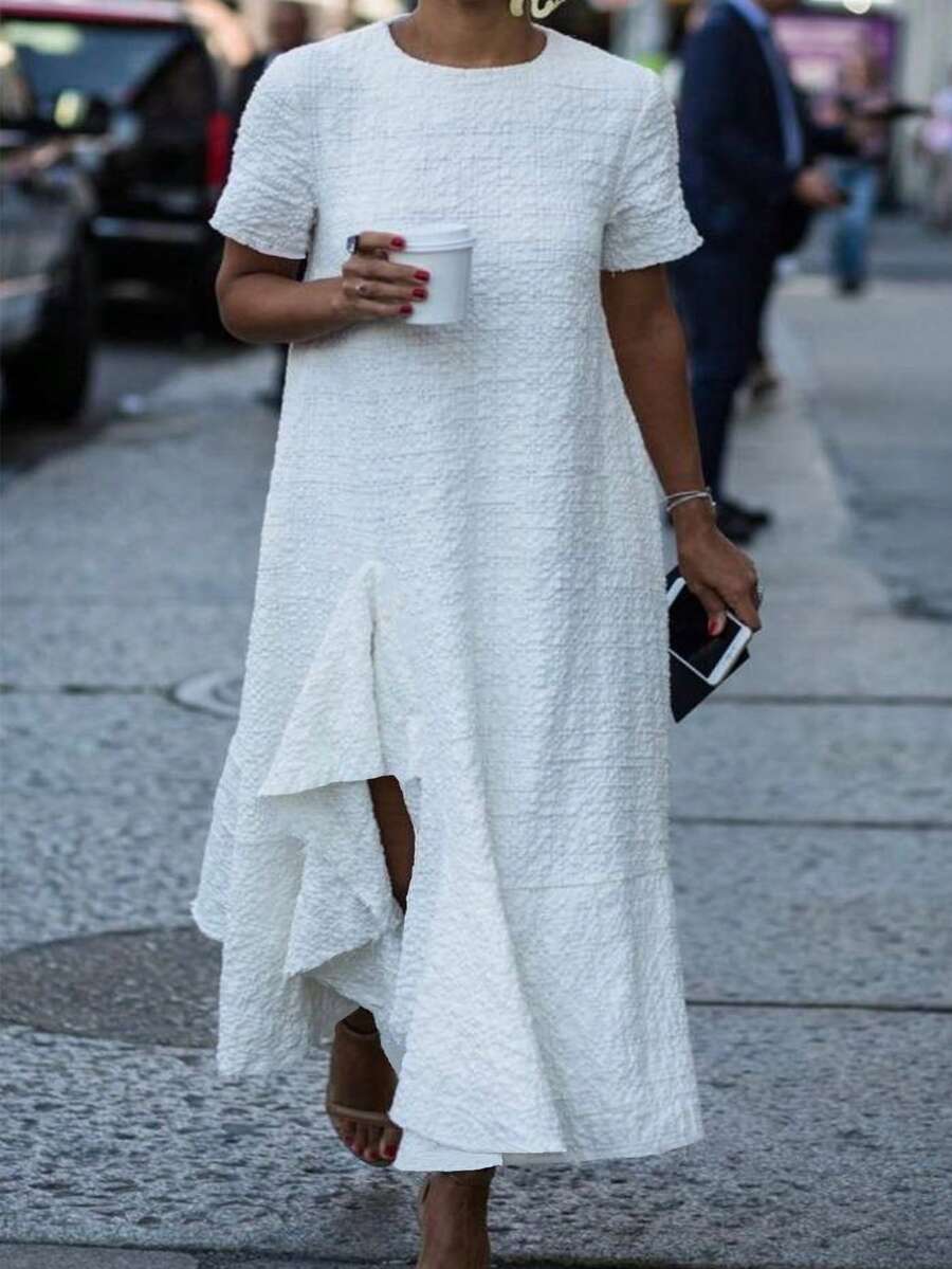 Plus Size Women's Knitted Bubble Wrinkle Irregular Fishtail Hem Short Sleeve Dress - 白色 - 查看 1