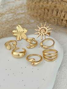 Set de 6 anillos de metal dorado vintage punk con elementos multicomponentes, decorados con elementos marinos como conchas, estrellas de mar y perlas falsas, se pueden usar solos o combinados, adecuados para atuendos diarios y de fiesta de la mujer, decoración de resort de playa, set de joyas de moda de verano